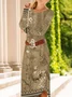 Women's Long Sleeve Spring/Fall Brown Floral Crew Neck Daily Going Out Casual Midi A-Line T-Shirt Dress Dress