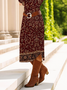 Women's Long Sleeve Spring/Fall Deep Red Floral Crew Neck Daily Going Out Casual Midi A-Line T-Shirt Dress Dress