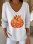 Women's Long Sleeve T-shirt Spring/Fall Orange Halloween (pumpkin) Printing V Neck Daily Going Out Casual Top