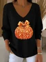 Women's Long Sleeve T-shirt Spring/Fall Orange Halloween (pumpkin) Printing V Neck Daily Going Out Casual Top