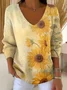 Women's Long Sleeve T-shirt Spring/Fall Yellow Floral Printing V Neck Daily Going Out Casual Top
