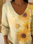 Women's Long Sleeve T-shirt Spring/Fall Yellow Floral Printing V Neck Daily Going Out Casual Top
