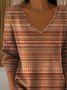 Women's Long Sleeve T-shirt Spring/Fall Brown Abstract Stripes Printing V Neck Daily Going Out Casual Top