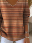 Women's Long Sleeve T-shirt Spring/Fall Brown Abstract Stripes Printing V Neck Daily Going Out Casual Top