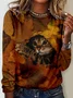 Women's Crew Neck Long Sleeve T-Shirt with Autumn Animal Maple Leaf Print