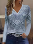 Women's Long Sleeve T-shirt Spring/Fall Blue Abstract Printing Jersey V Neck Daily Going Out Casual Top