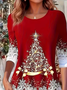 Women's Long Sleeve T-shirt Spring/Fall Red Christmas Jersey Crew Neck Daily Going Out Casual Top