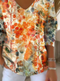 Women's Long Sleeve T-shirt Spring/Fall Orange Floral Printing V Neck Daily Going Out Casual Top