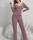 Regular Fit V Neck Simple Plain Two-Piece Set