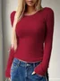 Women's Long Sleeve T-shirt Spring/Fall Khaki Plain Split Joint Crew Neck Daily Going Out Casual Top