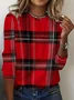Women's Long Sleeve T-shirt Spring/Fall Red Plaid Printing Jersey Crew Neck Daily Going Out Casual Top