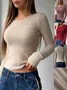 Women's Long Sleeve T-shirt Spring/Fall Khaki Plain Split Joint Crew Neck Daily Going Out Casual Top