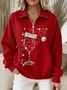 Regular Fit Zipper Christmas Wine Glass Casual Sweatshirt