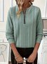 Casual Plain Zipper Crew Neck Blouse