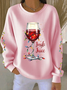 Casual Crew Neck Christmas Wine Glass Printing Sweatshirt