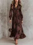 Retro Vacation Print Long-Sleeved V-Neck Fitted Waist Puff Sleeve Maxi Dress