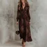Retro Vacation Print Long-Sleeved V-Neck Fitted Waist Puff Sleeve Maxi Dress
