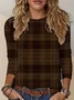 Women's Long Sleeve T-shirt Spring/Fall Brown Plaid Printing Jersey Crew Neck Daily Going Out Casual Top