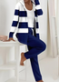 Women's Printing Striped Daily Going Out Two-Piece Set Purplish Blue Casual Spring/Fall Coat With Pants Matching Set