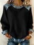 Women's Casual Crew Neck Denim Patchwork Pullover Sweatshirt