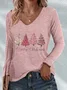 Women's Long Sleeve T-shirt Spring/Fall Pink Christmas Printing Jersey V Neck Daily Going Out Casual Top