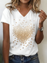 White Jersey Heart/Cordate Print Casual V Neck T-Shirt