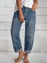 Blue Denim Buttoned Long Jeans Plain Daily Casual H-Line Straight Pants With Pockets