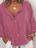 zolucky Women Casual Solid V Neck Cotton Long Sleeve Buttoned Top