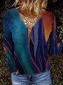 Women Vintage Geometric Color Block V neck Shift Long Sleeve Shirt