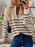 V Neck Zipper Long Sleeve Stripes Sweater