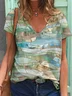 Geometric Short Sleeve Printed  Cotton-blend V neck Holiday Summer Beige Top