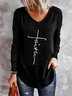Vintage Faith Letter Printed Long Sleeve V Neck Casual Top