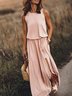 Women Vintage Boho Sleeveless Round Neck Solid Maxi Weaving Dress