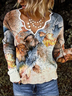 Leaves Printed Casual V Neck Long Sleeve T-shirt