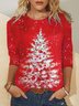White Christmas Tree On Red Casual Crew Neck Top