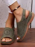 Ethnic Pattern Punched Hollow Velcro Vintage Hook And Loop Comfortable Wedge Sandals For Women