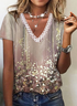 V Neck Floral Printed Jersey T-Shirt