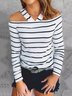 Women Striped Casual Autumn Daily Loose Jersey Standard Long sleeve Regular Size T-shirt