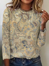 Vintage Paisley Printed Crew Neck Long Sleeve Casual Loose T-Shirt