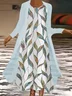 Two Piece Leaf Sleeveless Round Neck Printed Dress With Long Sleeve Outwear