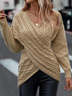 Daily Plain Casual Cross V Neck Tunic Winter Knitted Loose Long Sleeve Sweater