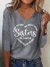 Women Sister Text Letters Regular Fit Jersey H-Line Casual V Neck Long Sleeve T-Shirt