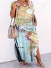 Plus Size V Neck Casual Map Printed Jersey Dress