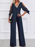 Plain Lace-up Half Sleeve Glitter V Neck Casual Jumpsuit