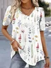 V Neck Casual Loose Floral Printed Short Sleeve H-Line Shirt