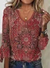 Mystery Mandala Printed Casual Loose Knitted Ethnic V Neck Flared Cuffs 3/4 Sleeve T-Shirt