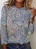 Plus size Mystery Ethnic Print Loose Crew Neck Jersey Casual Long Sleeve T-Shirt