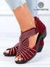 Black Rhinestone Hollow Peep Toe Chunky Heel Dress Sandals