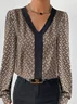 Vintage Geometric Casual Loose Color Block V Neck Long Sleeve Shirt