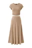Womens 2 Piece Casual Knit Short Sleeve Crop Top High Waist Midi Skirt Set